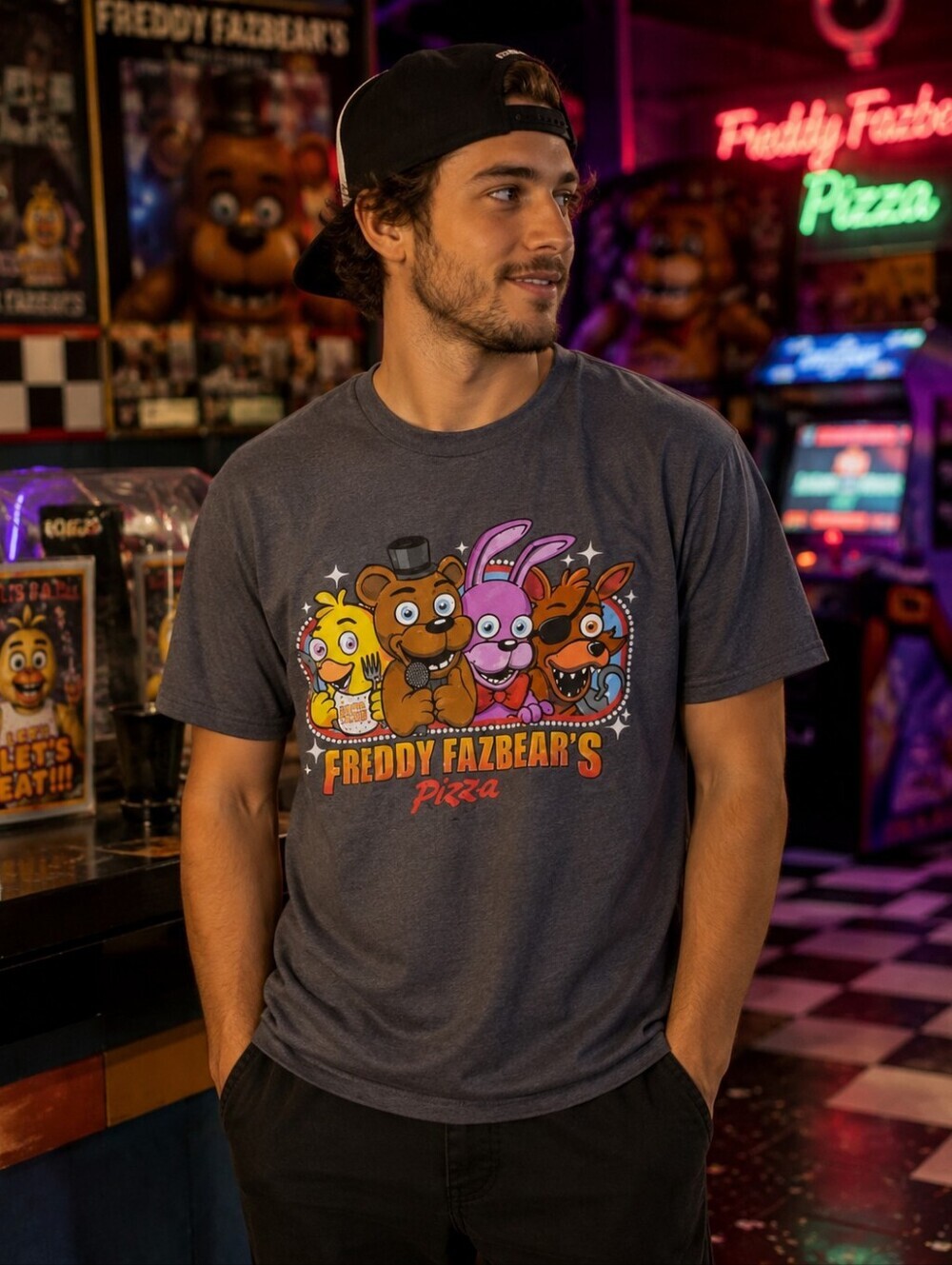 Five Nights at Freddy's FNAF Freddy Fazbear's Pizza Cartoon Graphic Shirt Large